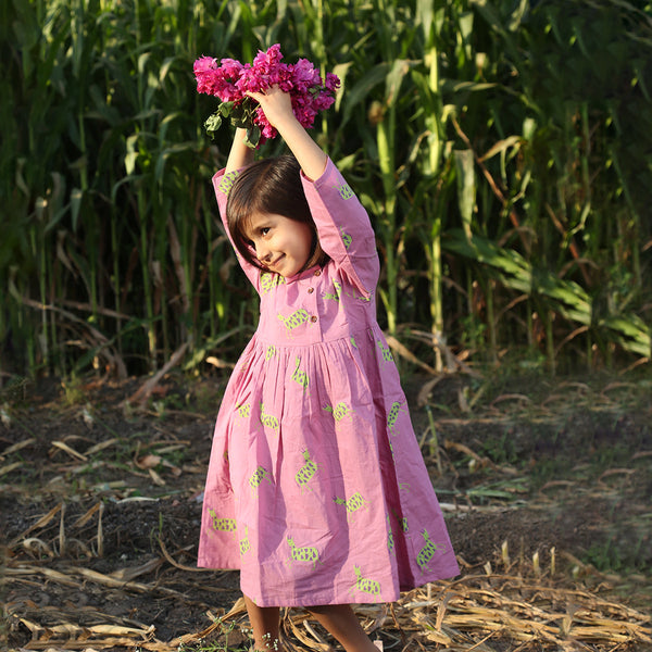 Cotton Dress for Girls | Chinkara Print | Magenta