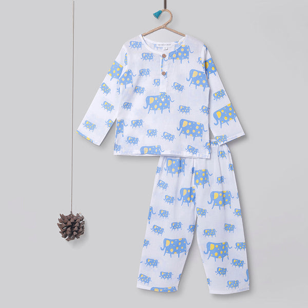 Cotton Night Suit for Kids | Pajama Set | Elephant Print | Light Blue