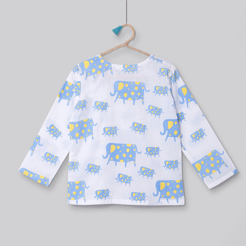 Cotton Night Suit for Kids | Pajama Set | Elephant Print | Light Blue