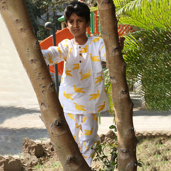 Cotton Night Suit for Kids | Pajama Set | Duck Print | Lemon Yellow