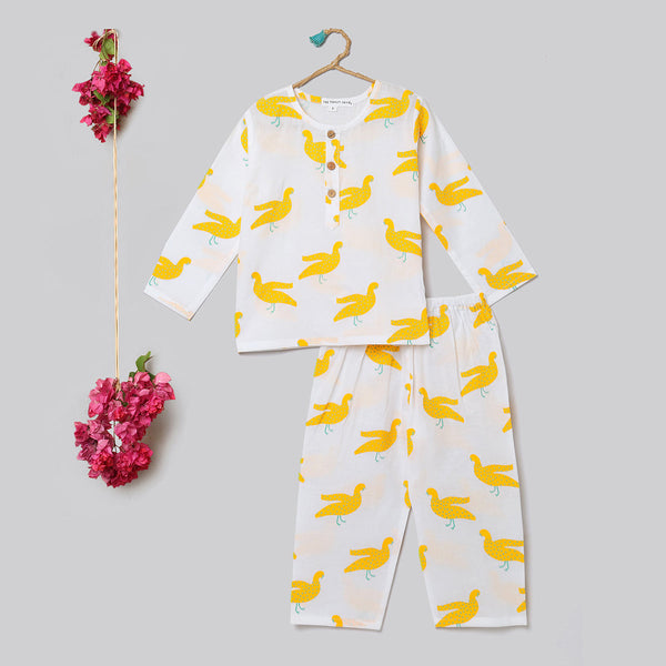 Cotton Night Suit for Kids | Pajama Set | Duck Print | Lemon Yellow