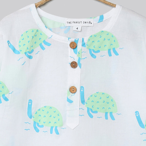 Cotton Night Suit for Kids | Pajama Set | Turtle Print | Light Green