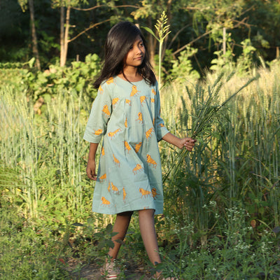 Cotton Dress for Girls | Tiger Print | Olive green