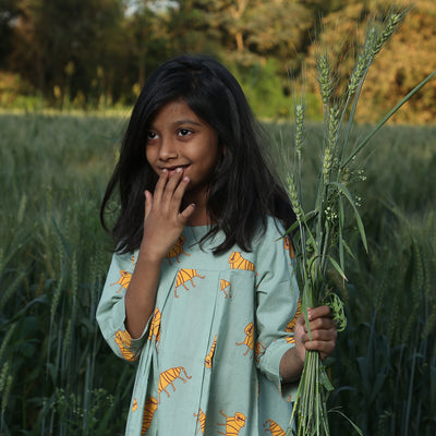 Cotton Dress for Girls | Tiger Print | Olive green