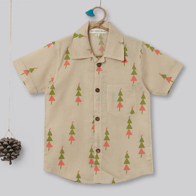 Cotton Shirt for Boys | Tree Print | Beige