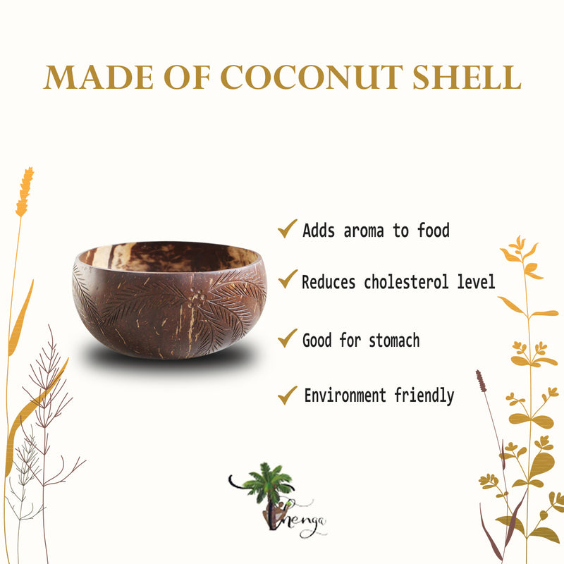 Handcrafted Brown Palm Leaf Coconut Bowl with Spoon and Fork