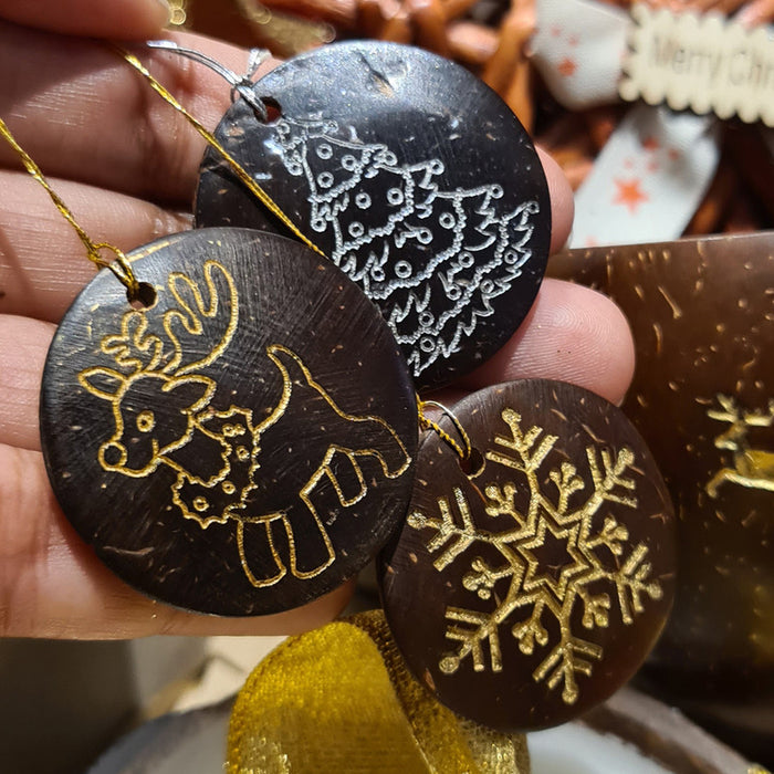Coconut Shell Ornaments | Reindeer | Tree | Snowflake | Set of 6