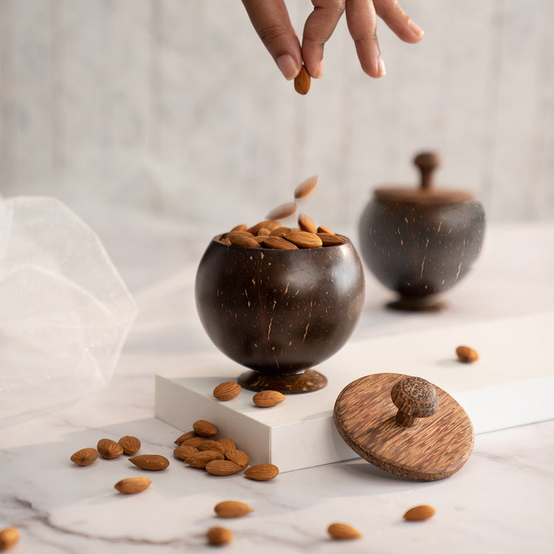 Handmade Coconut Shell Container with Lid and Small Spoon