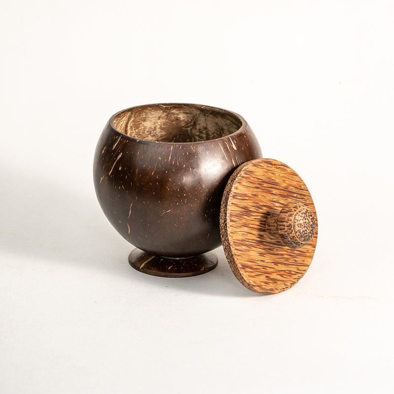 Handmade Coconut Shell Container with Lid and Small Spoon