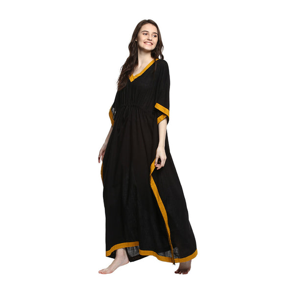 Cotton Tie-Up Waist Kaftan | Black