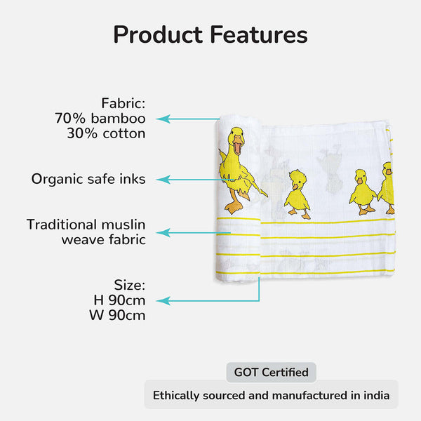 Newborn Essentials | Bamboo Cotton Baby Swaddle Wrap | Duck | 90 x 90 cm