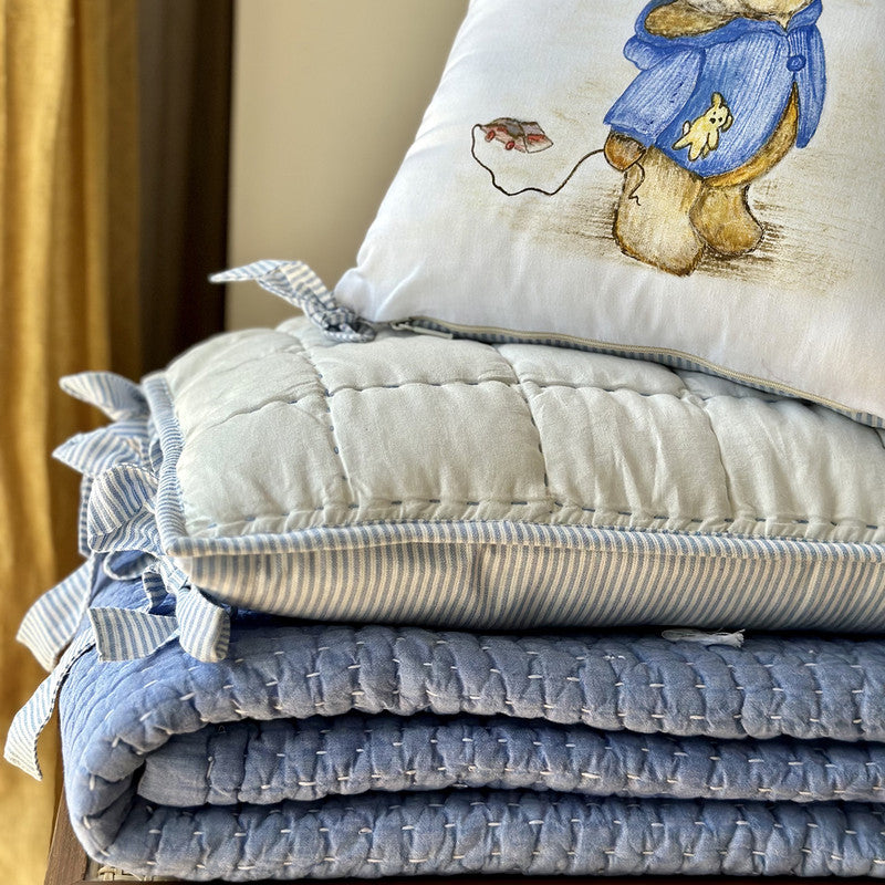 Cotton Muslin Blanket Set for Kids | Pillow & Cushion | Blue | Set of 3.