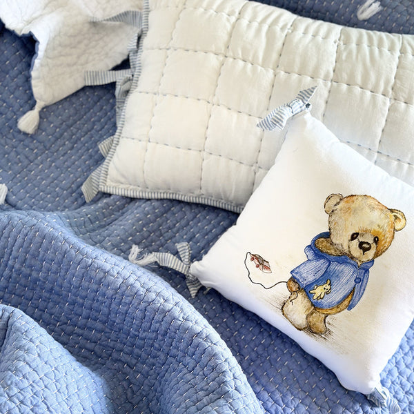 Cotton Muslin Blanket Set for Kids | Pillow & Cushion | Blue | Set of 3.