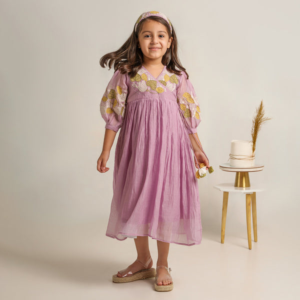 Chanderi Silk Dress For Girls | Lavender | Amala Earth