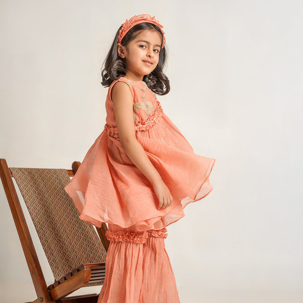 Chanderi Silk Kurta Sharara Set for Girls | Peach