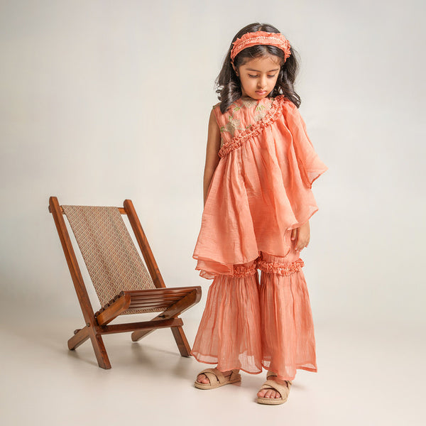 Chanderi Silk Kurta Sharara Set for Girls | Peach