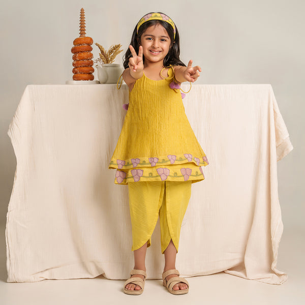 Chanderi Silk Kurta with Dhoti Pants for Girls | Yellow