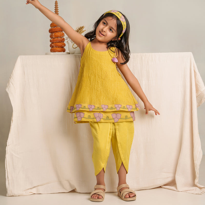 Chanderi Silk Kurta with Dhoti Pants for Girls | Yellow