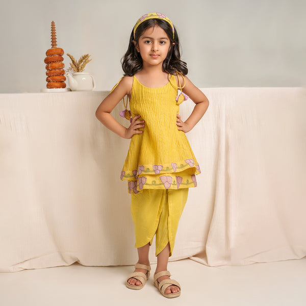 Chanderi Silk Kurta with Dhoti Pants for Girls | Yellow