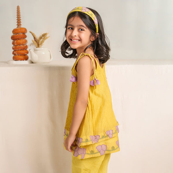 Chanderi Silk Kurta with Dhoti Pants for Girls | Yellow