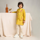 Chanderi Silk Kurta Pajama with Jacket for Boys | Yellow & White