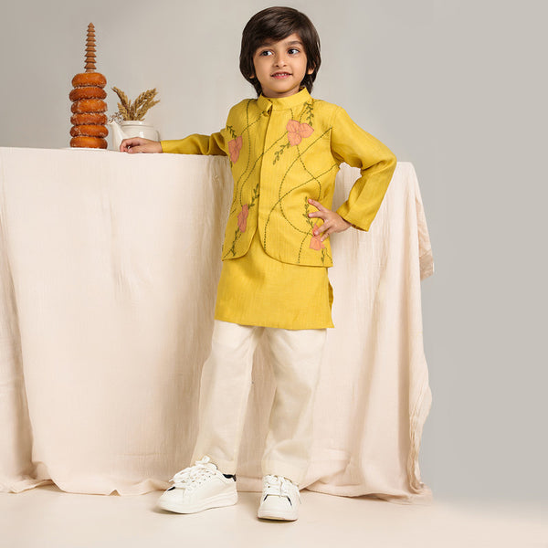 Chanderi Silk Kurta Pajama with Jacket for Boys | Yellow & White