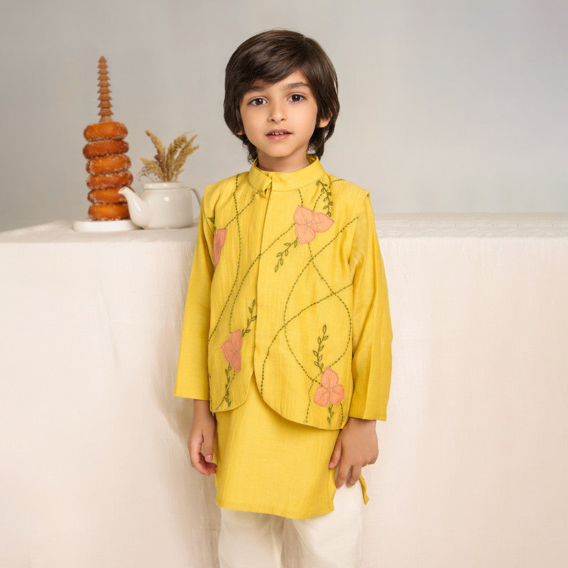 Chanderi Silk Kurta Pajama with Jacket for Boys | Yellow & White