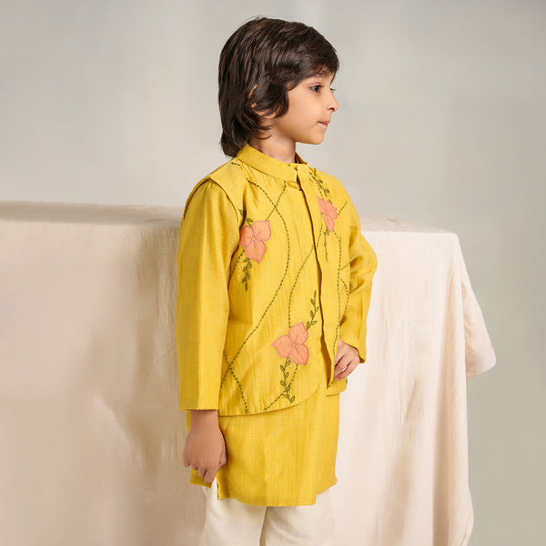 Chanderi Silk Kurta Pajama with Jacket for Boys | Yellow & White