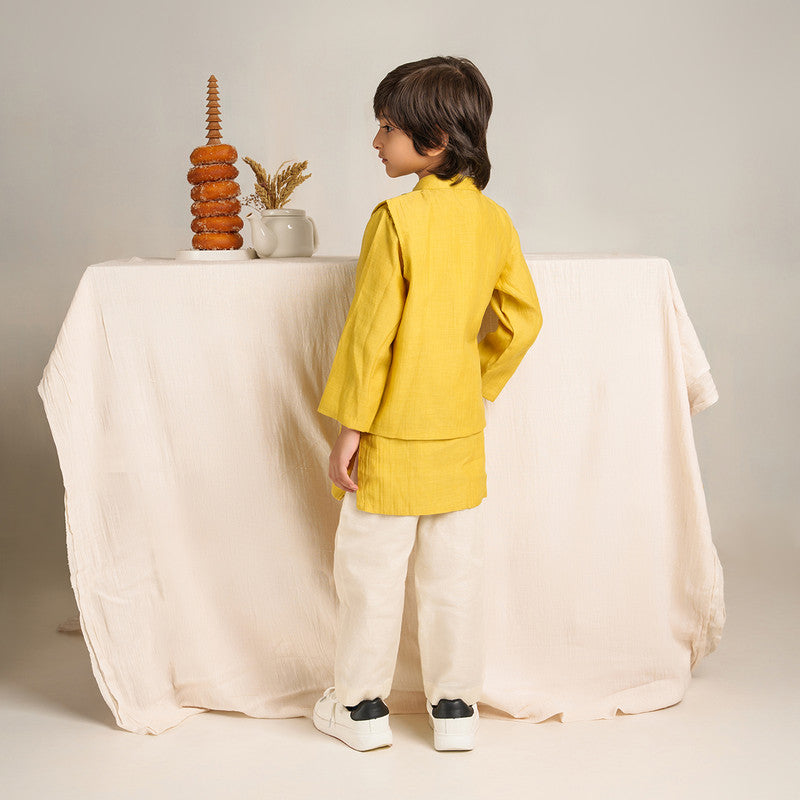 Chanderi Silk Kurta Pajama with Jacket for Boys | Yellow & White