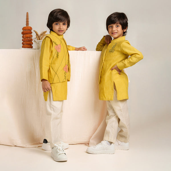 Chanderi Silk Kurta Pajama with Jacket for Boys | Yellow & White