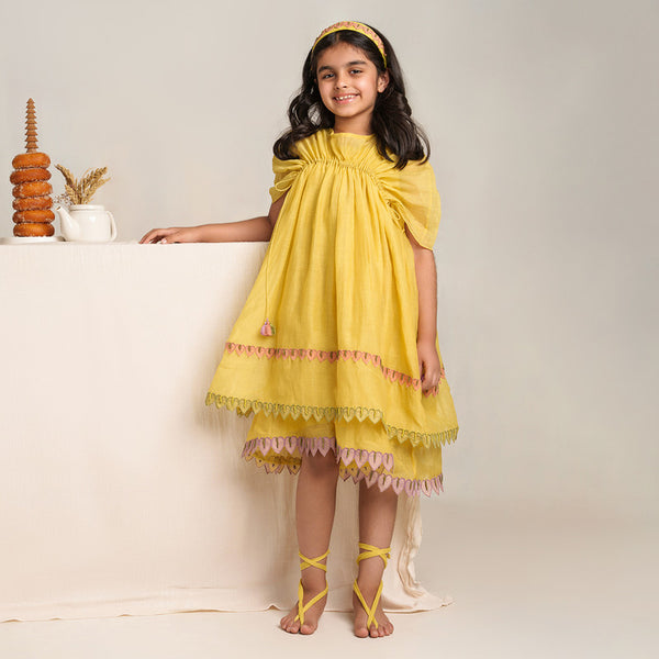 Chanderi Silk Dress for Girls | Yellow