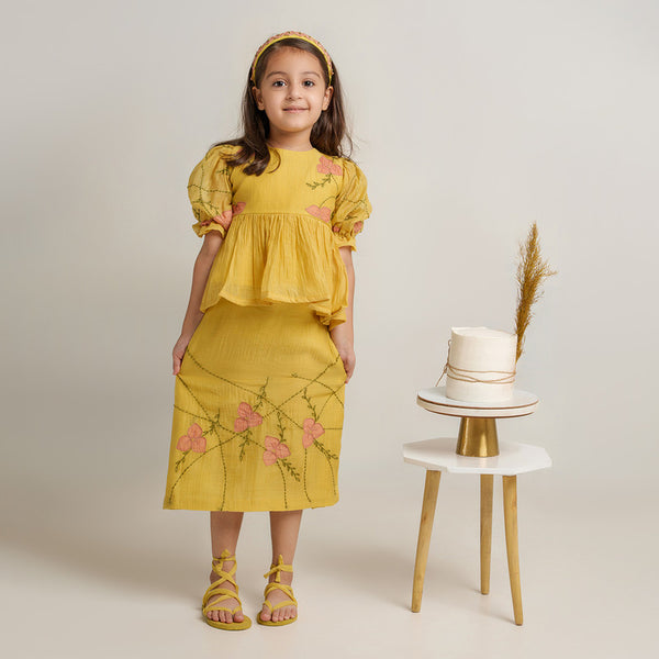 Chanderi Silk Top and Skirt Set for Kids | Yellow