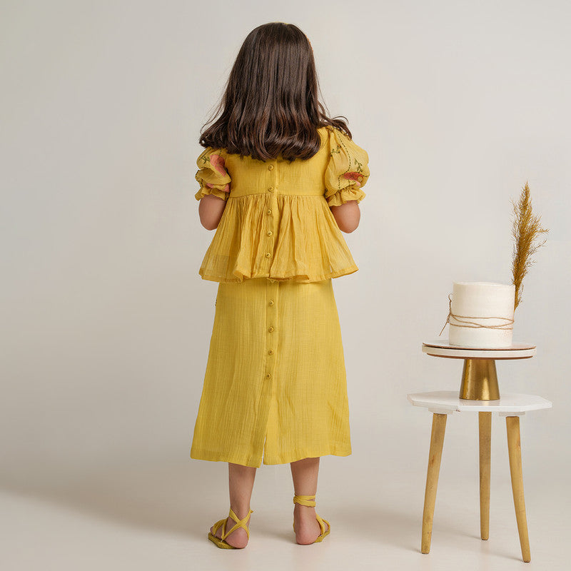 Chanderi Silk Top and Skirt Set for Kids | Yellow