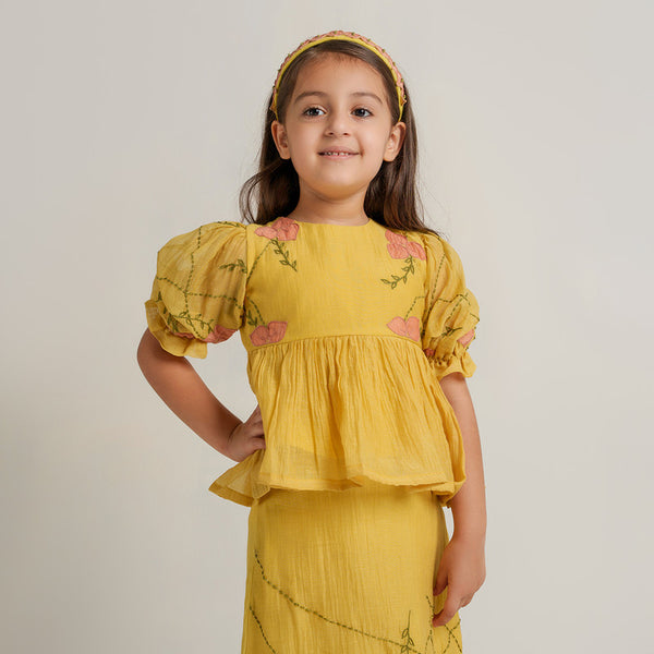 Chanderi Silk Top and Skirt Set for Kids | Yellow