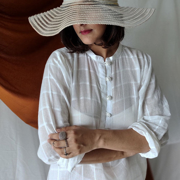 Festive Wear | Cotton Checkered Sheer Kurta | White