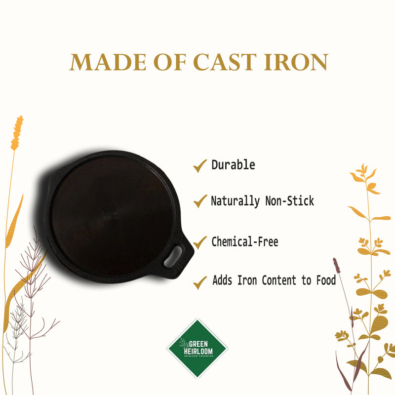 Cast Iron Tawa | Dosa | Black | Diameter - 10 inch, Height - 1.2 inch