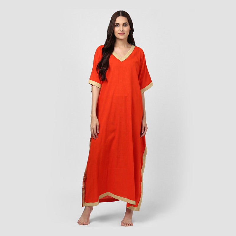 Cotton V-Neck Kaftan | Orange