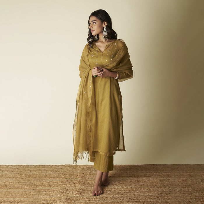 Festive Wear for Women | Embroidered Kota Doria Suit Set | Yellow