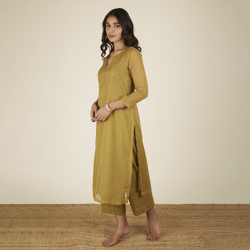 Festive Wear for Women | Embroidered Kota Doria Suit Set | Yellow