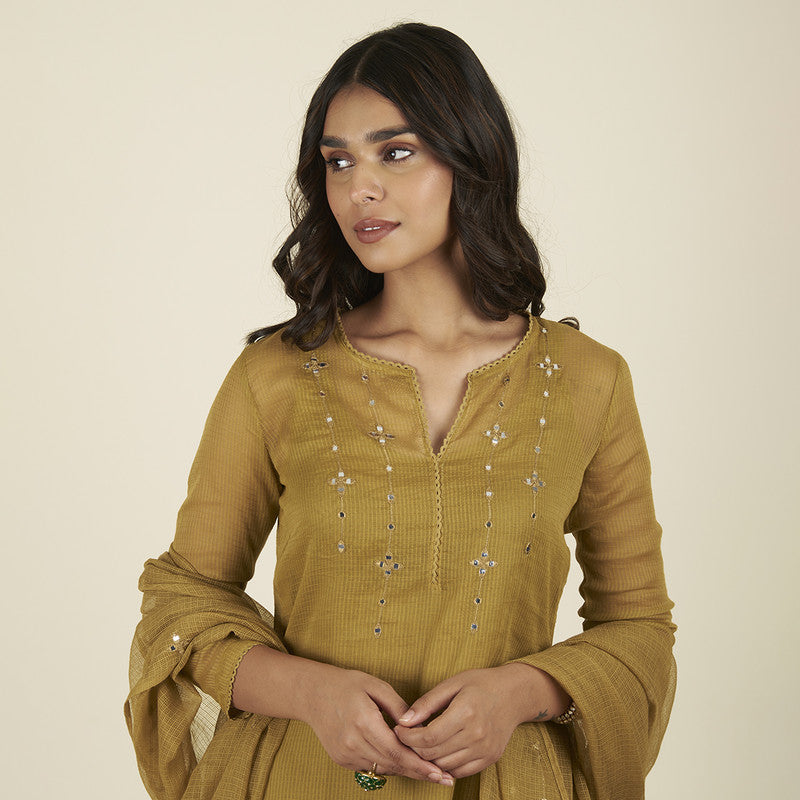 Festive Wear for Women | Embroidered Kota Doria Suit Set | Yellow