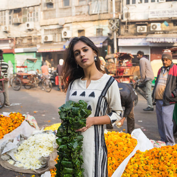 Women Festive Wear | Pure Cotton Ikat Yoke Kurta | Off White & Black