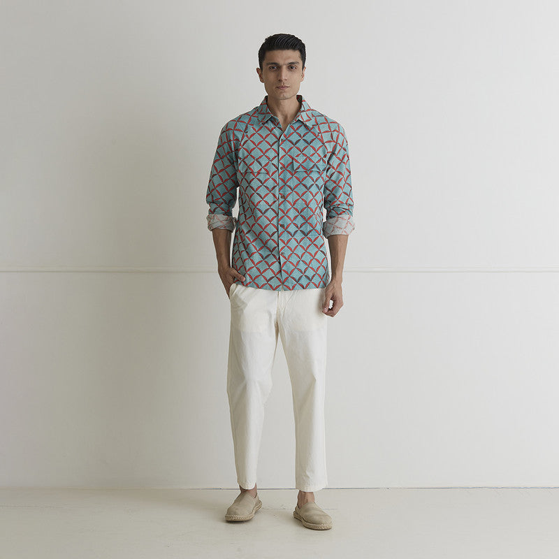 Cotton Linen Shirt | Checkered | Turquoise