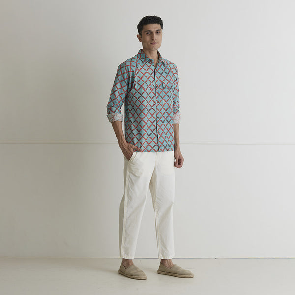 Cotton Linen Shirt | Checkered | Turquoise