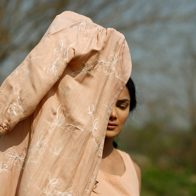 Cotton Linen Dress With Jacket | Hand Embroidered | Peach