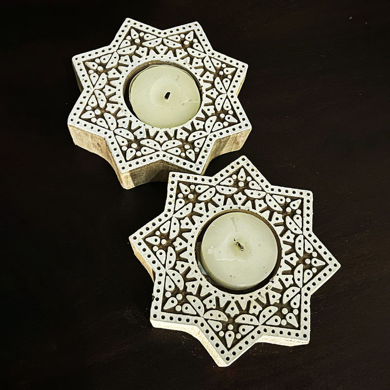 Wooden Tea Light Candle Holder | Star Design | Set of 2