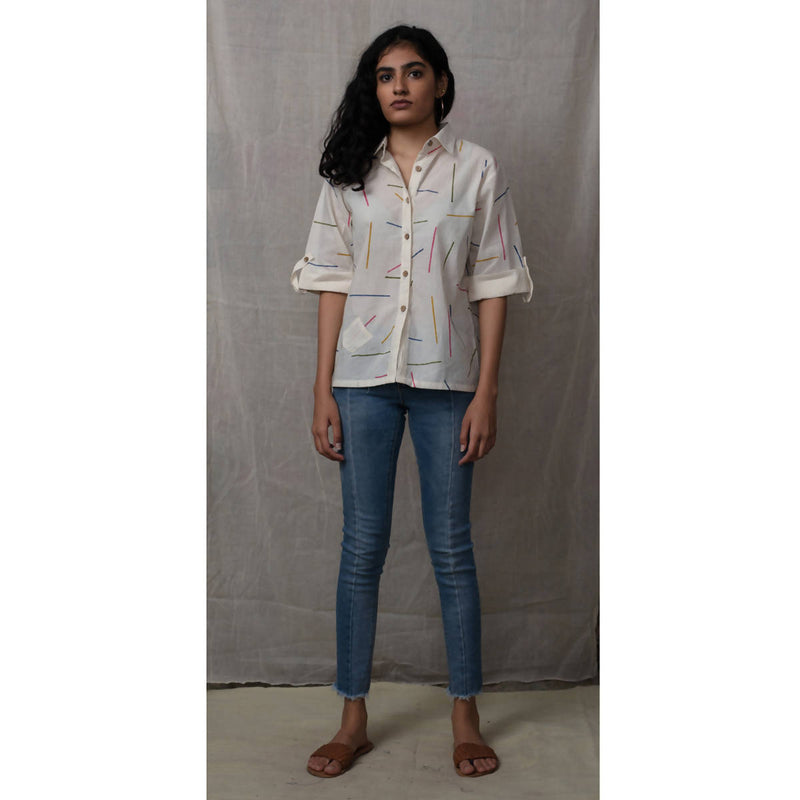 Cotton Handblock Printed Shirt | White