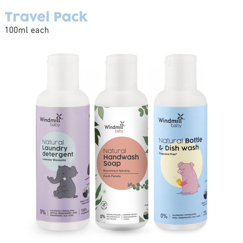 Natural Travel Cleaning Pack | Handwash | Dishwash Liquid | Laundry Detergrent | Pack of 3