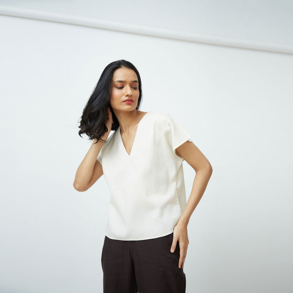 Cotton Tencel Short Sleeve Top | Off White