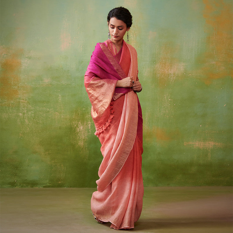 Festive Wear | Pure Linen Saree | Pink and Peach Ombre