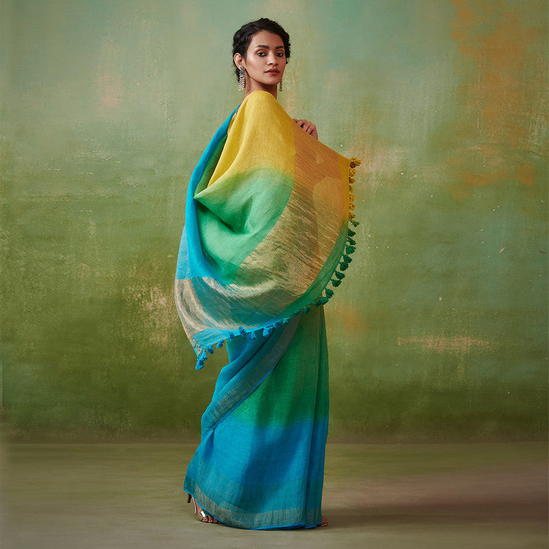 Pure Linen Saree | Festive Wear for Women | Yellow & Blue
